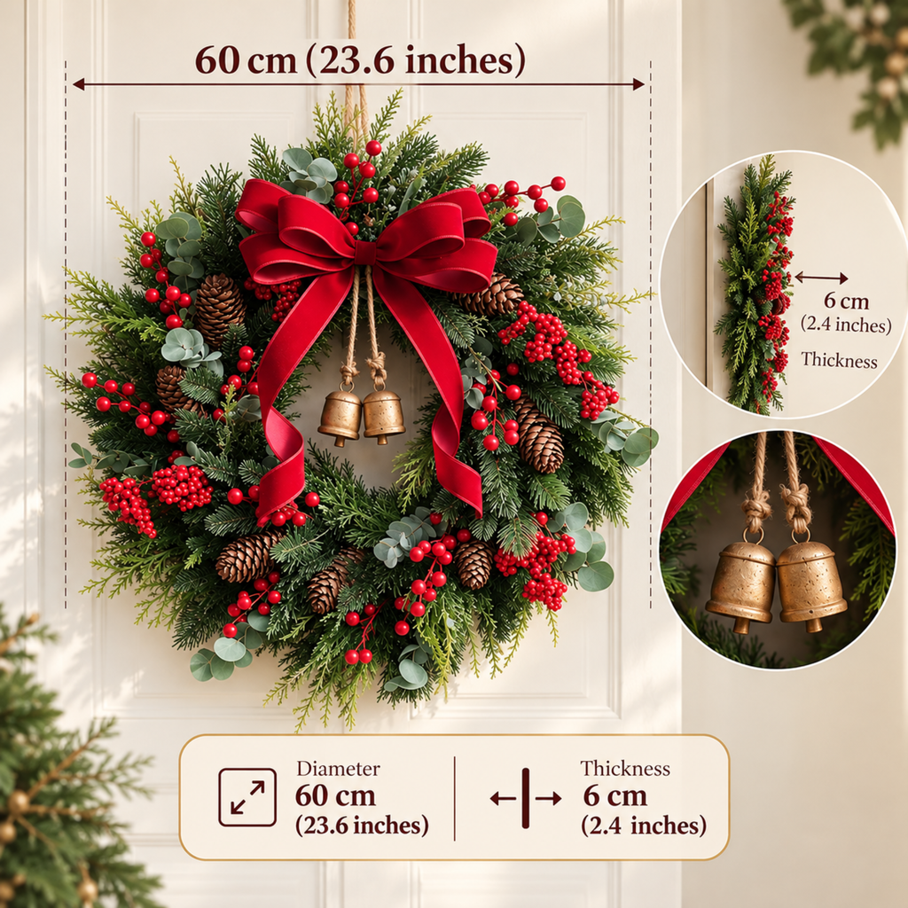 Wreath size: 60 cm (23.6 in) diameter, 6 cm (2.4 in) thick