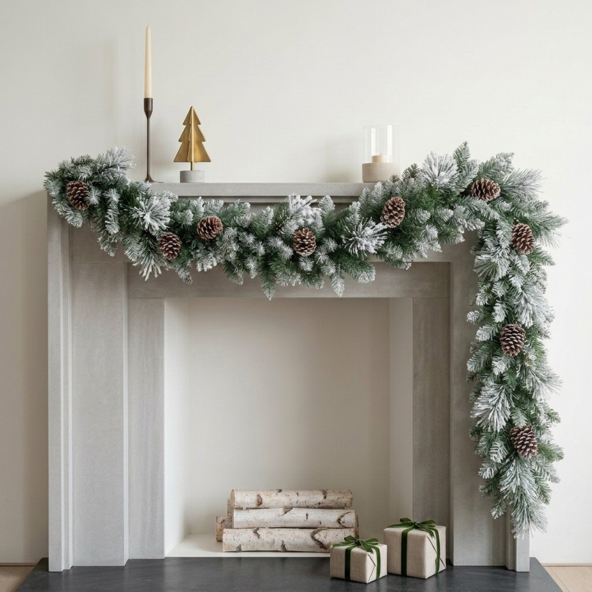 Snow flocked Christmas pine garland with pinecones draped on a white mantel