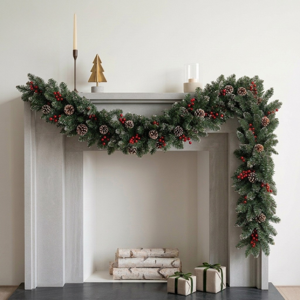 Frosted Christmas pine garland with pinecones and red berries draped on a white mantel