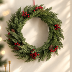 Christmas cedar wreath with red berries and pinecones hanging on a cream wall