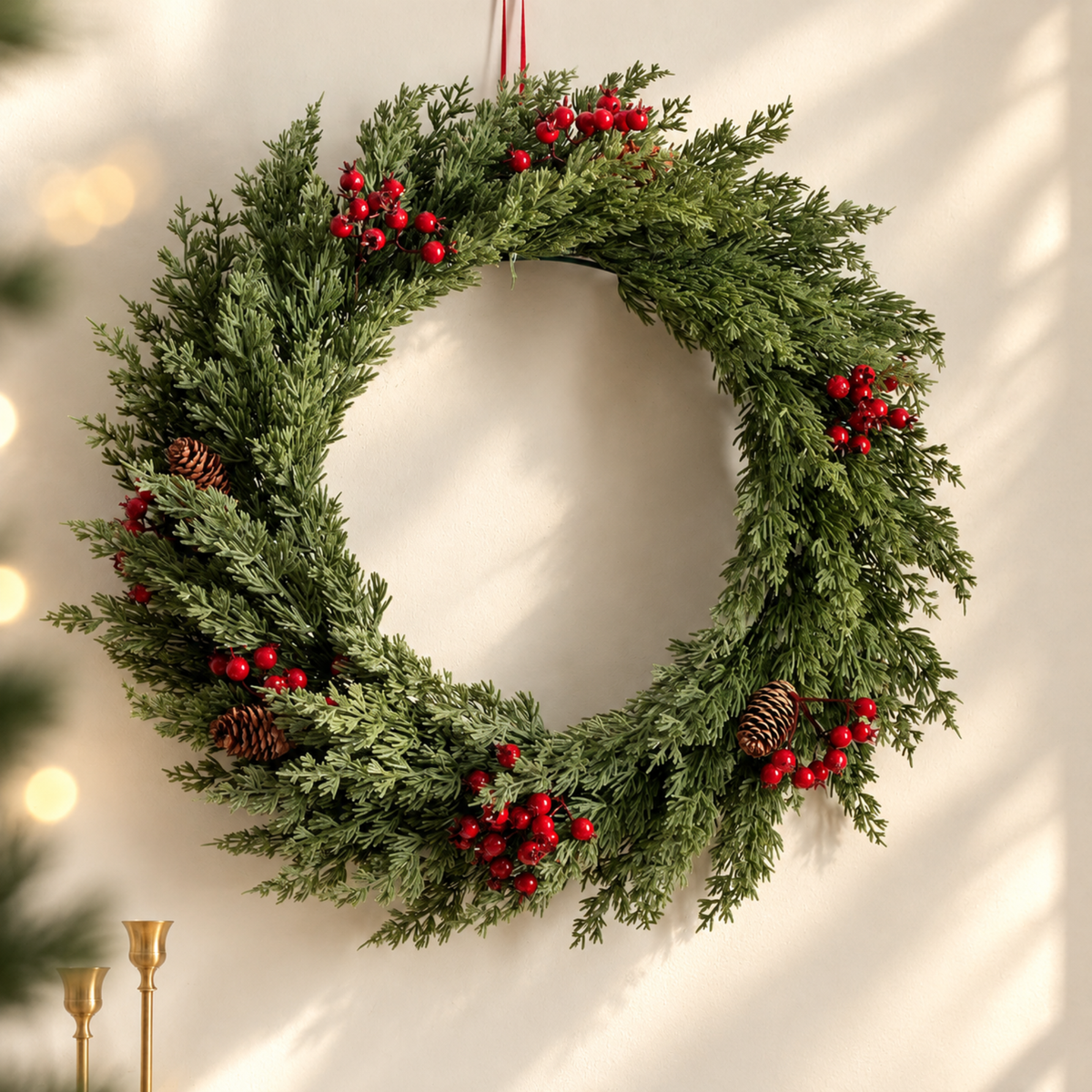 Christmas cedar wreath with red berries and pinecones hanging on a cream wall