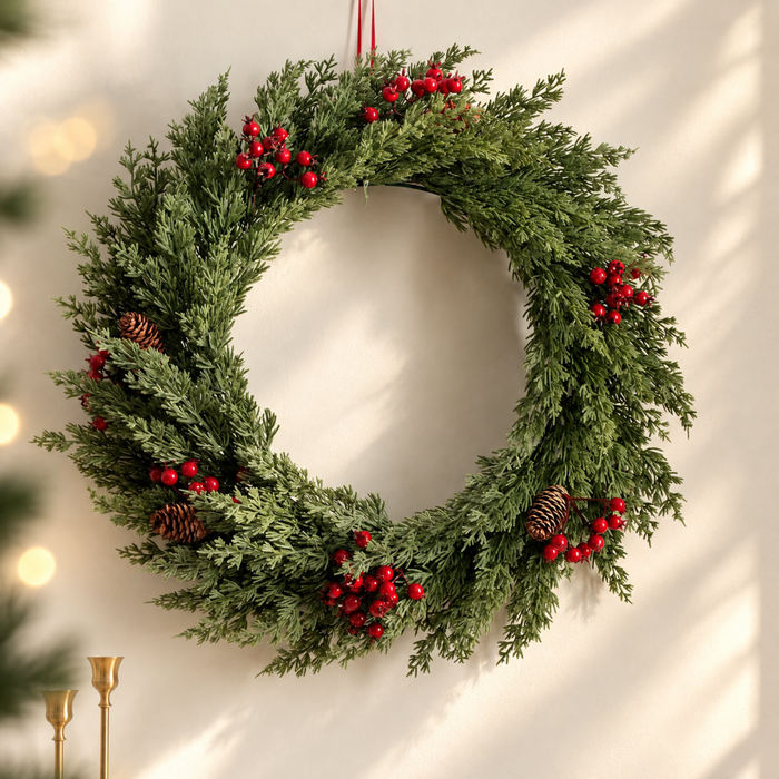 Christmas cedar wreath with red berries and pinecones hanging on a cream wall