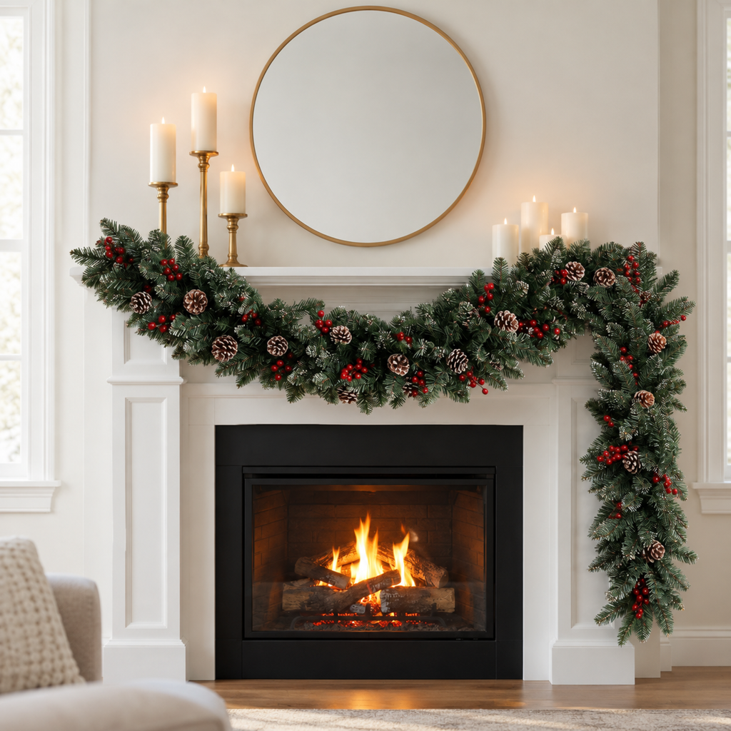Christmas pine garland on a fireplace mantel with candles and a round mirror