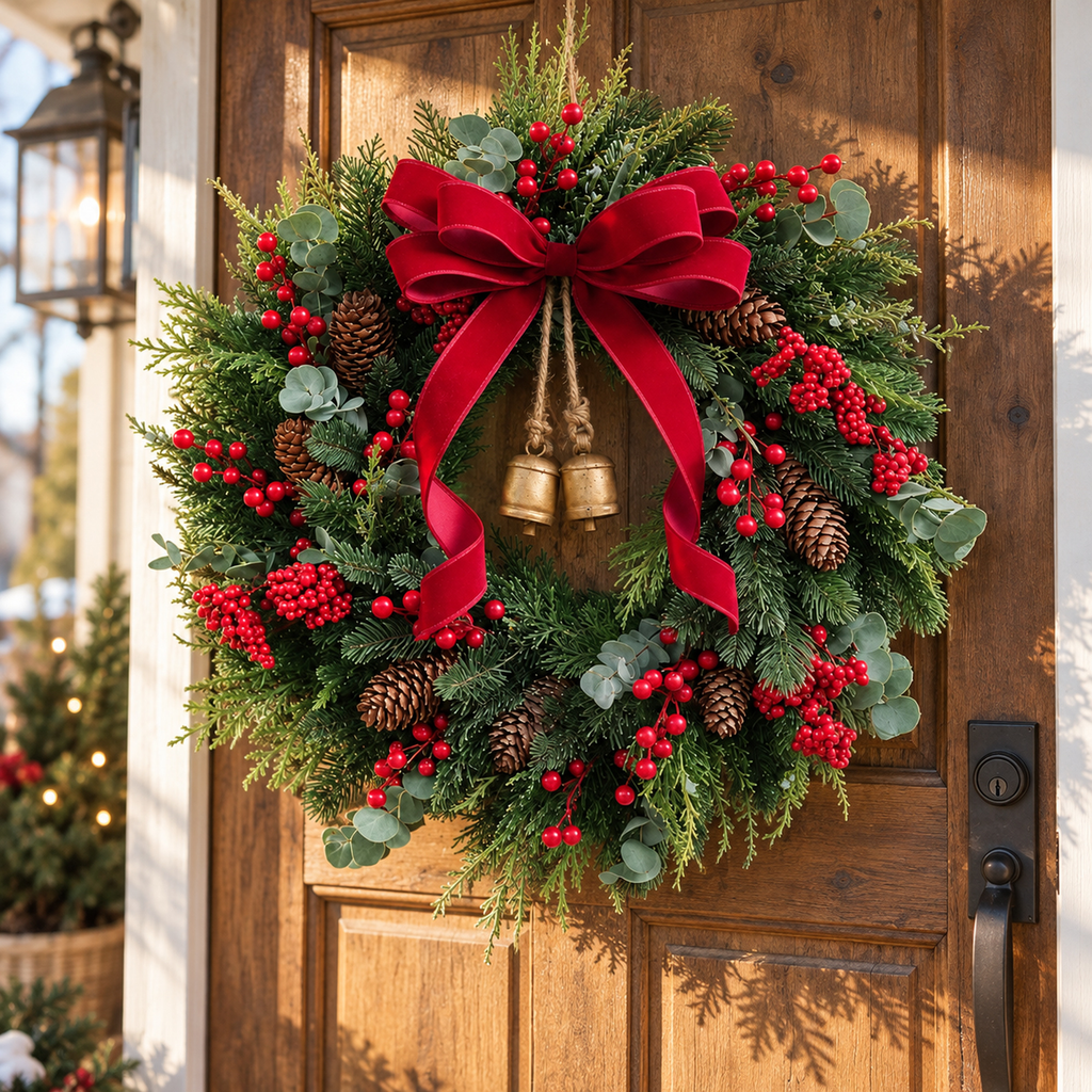 Christmas wreath on a natural wood front door