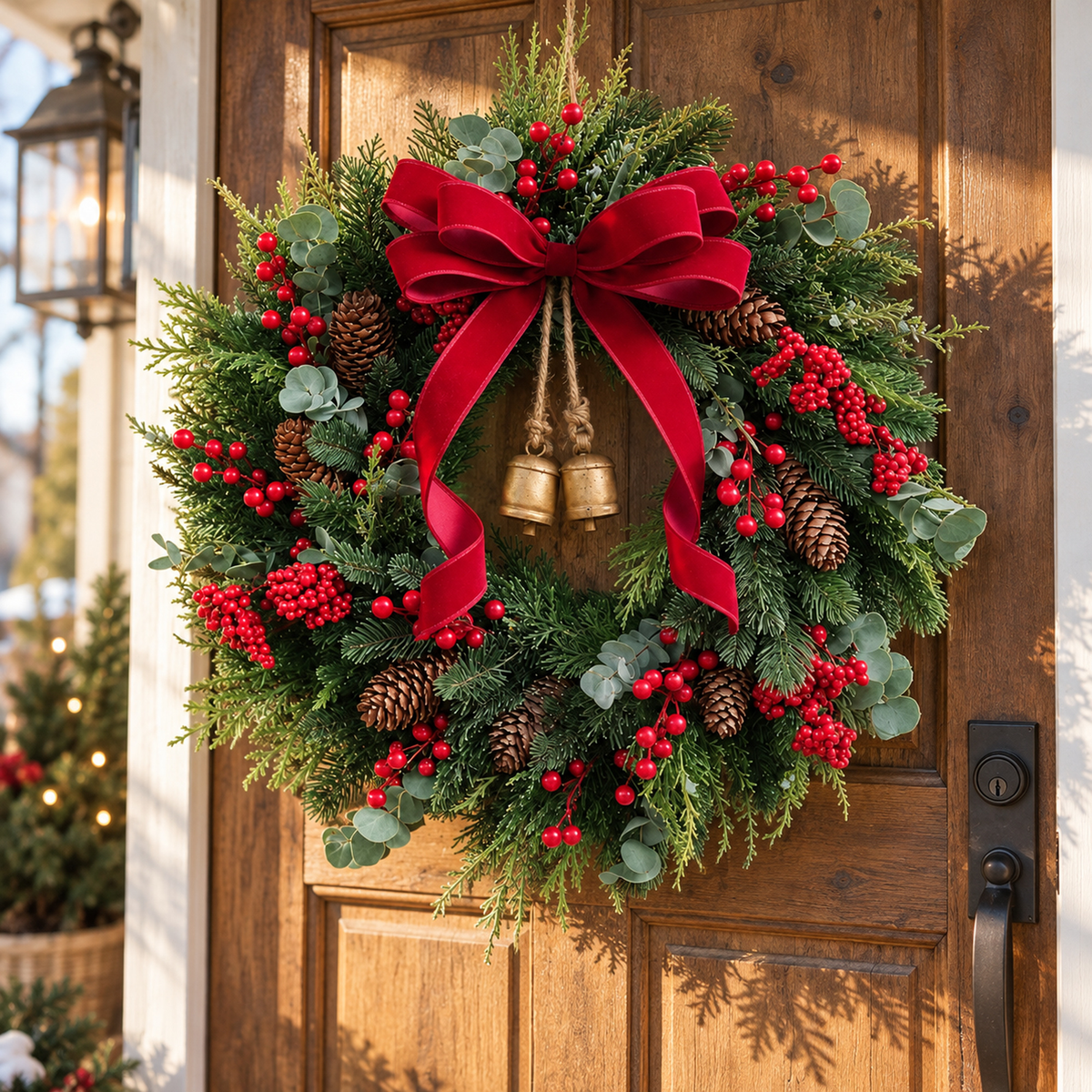 Christmas wreath on a natural wood front door