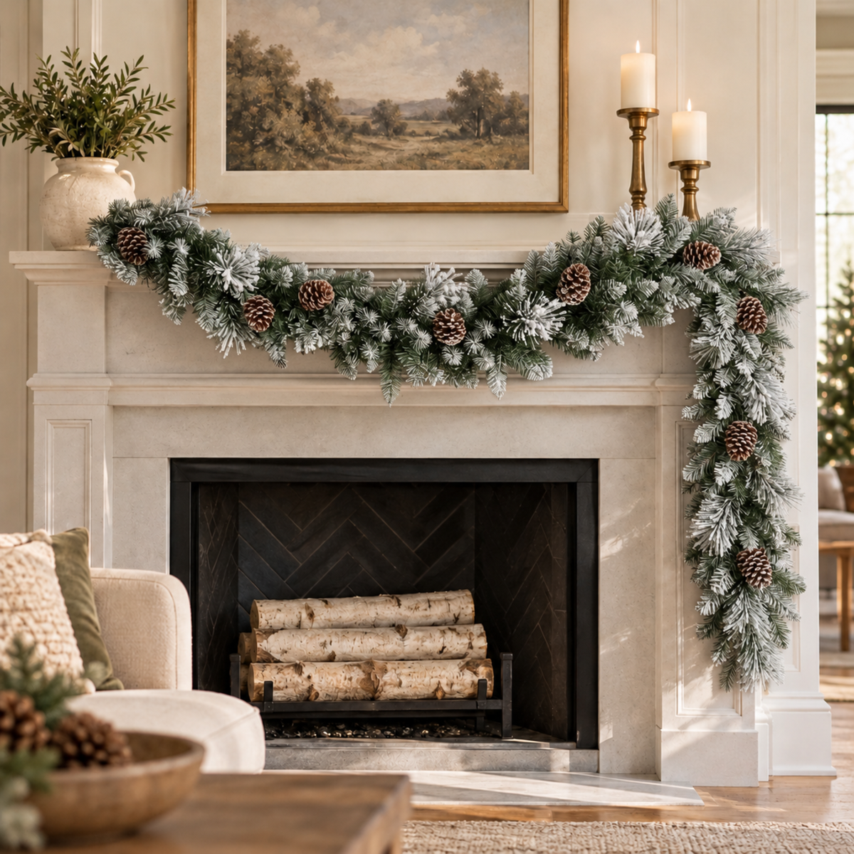 Snow flocked pine garland on a stone fireplace mantel below a landscape painting