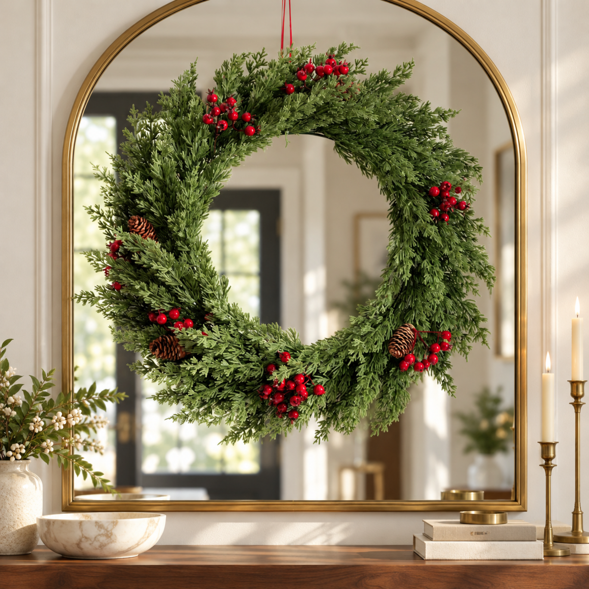 Christmas cedar wreath hanging on an arched gold mirror above a console