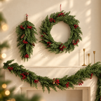 Christmas cedar wreath and garland on a fireplace wall, styled with a hanging swag (swag not included)