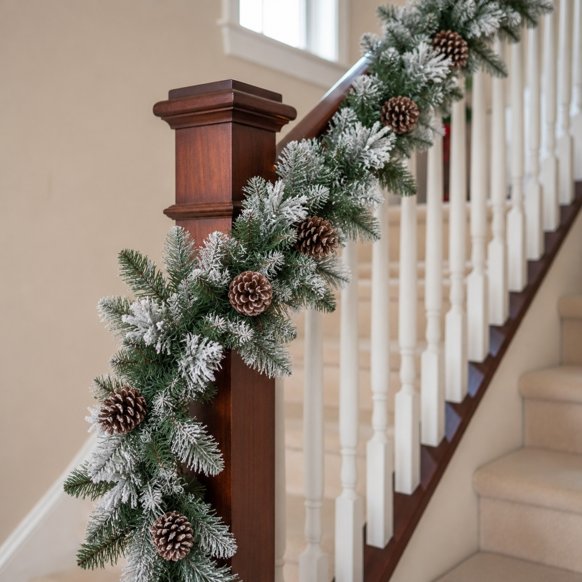 Close-up of the snow flocked pine branches and pinecones on a wood banister