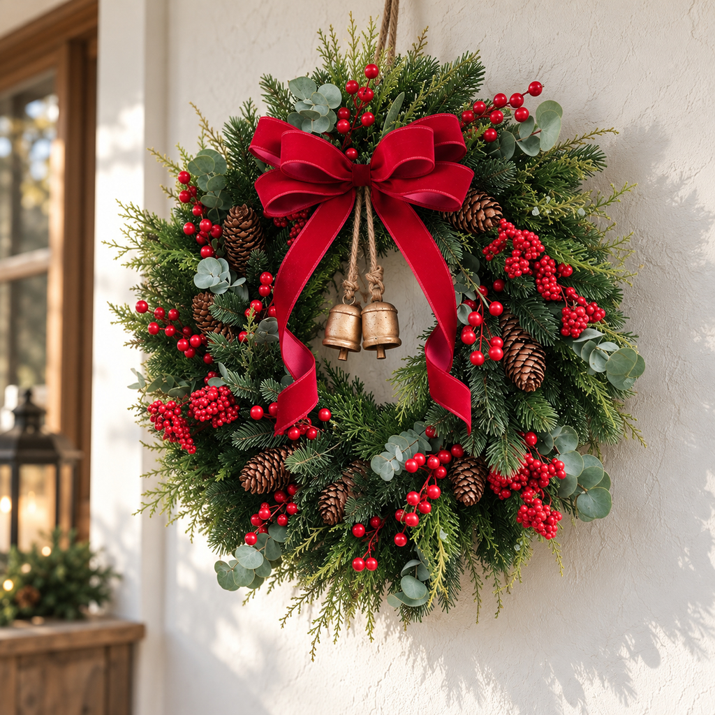 Christmas wreath on a white wall by the front door