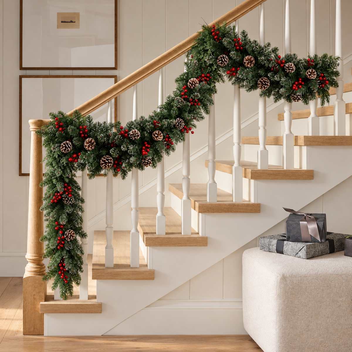 Christmas pine garland wrapped along a staircase railing