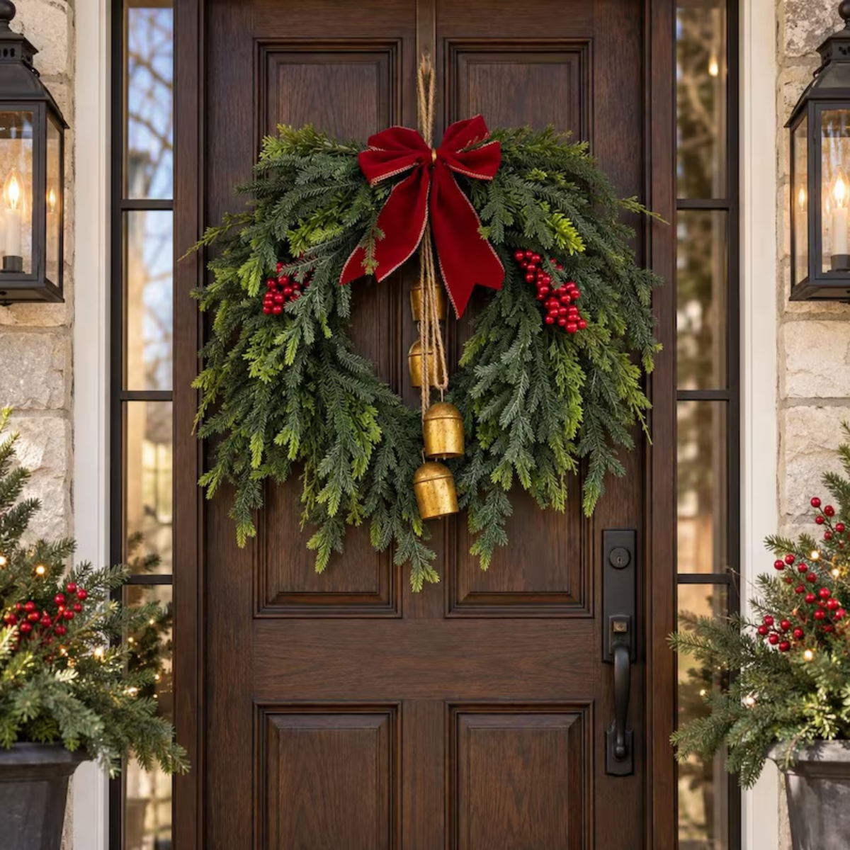 Christmas cedar wreath on a dark wood front door at dusk
