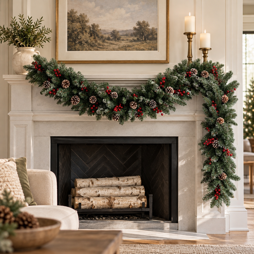 Christmas pine garland on a stone fireplace mantel below a landscape painting