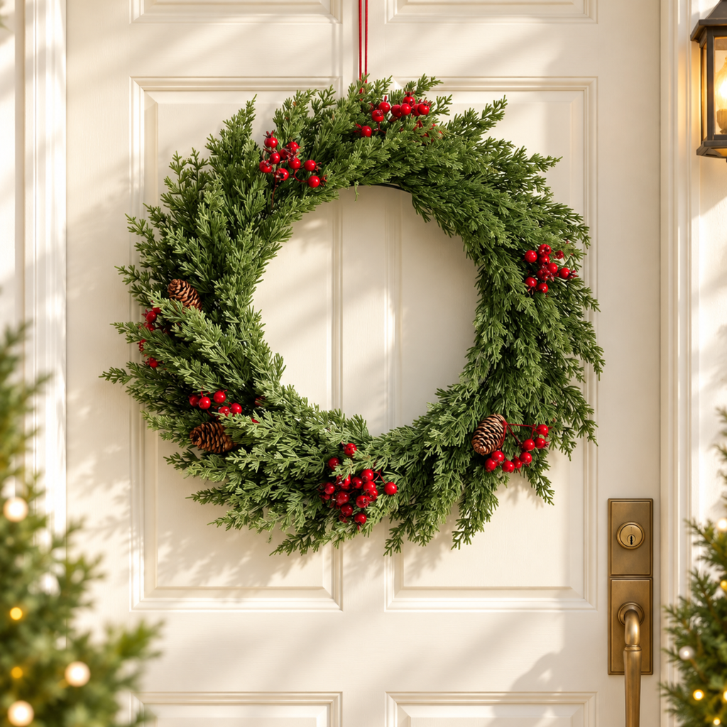 Christmas cedar wreath with red berries on a white front door