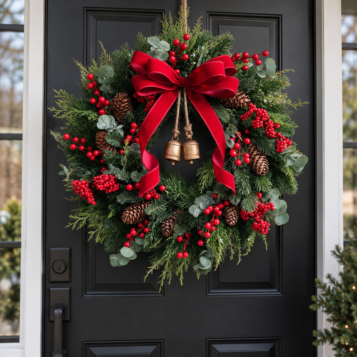Christmas wreath on a black front door