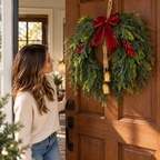 Woman opening a front door decorated with a Christmas cedar wreath