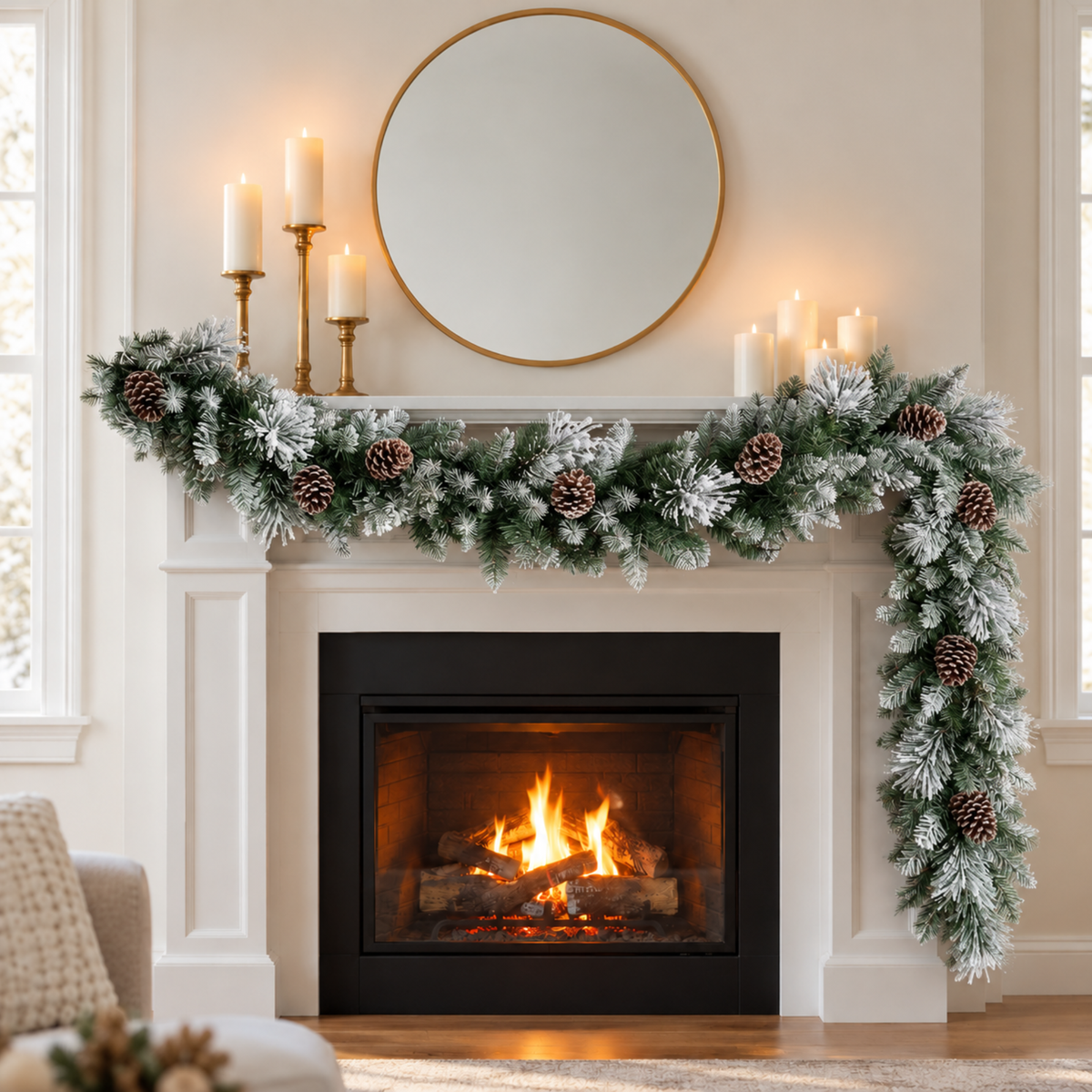 Snow flocked pine garland on a fireplace mantel with candles and a round mirror