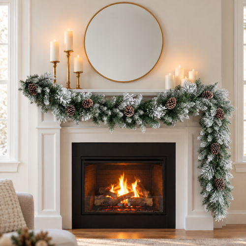 Snow flocked pine garland on a fireplace mantel with candles and a round mirror