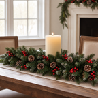 Christmas pine garland as a table centerpiece with a pillar candle