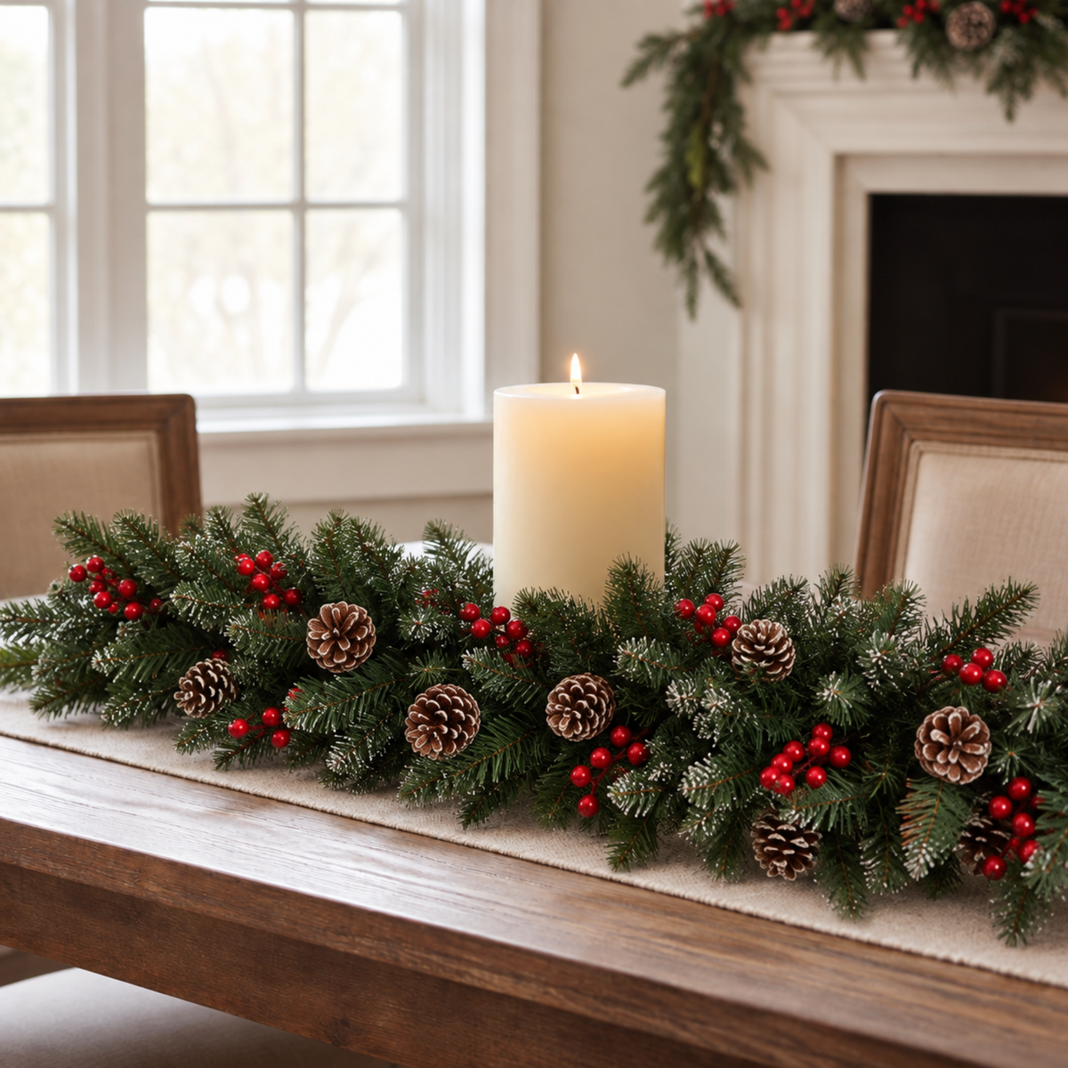 Christmas pine garland as a table centerpiece with a pillar candle