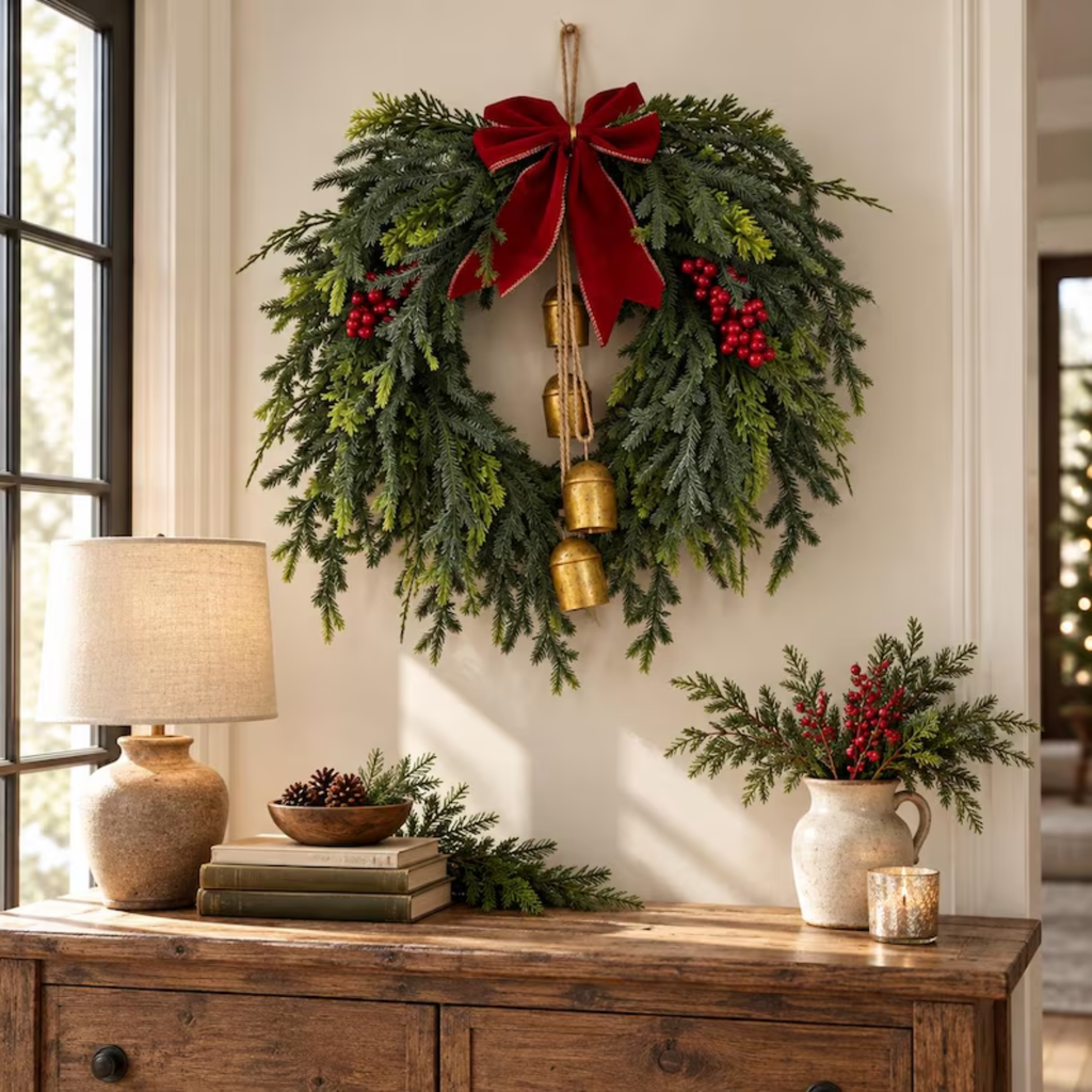 Christmas cedar wreath on a wall above an entryway console