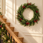 Christmas cedar wreath on a wall beside a wooden staircase
