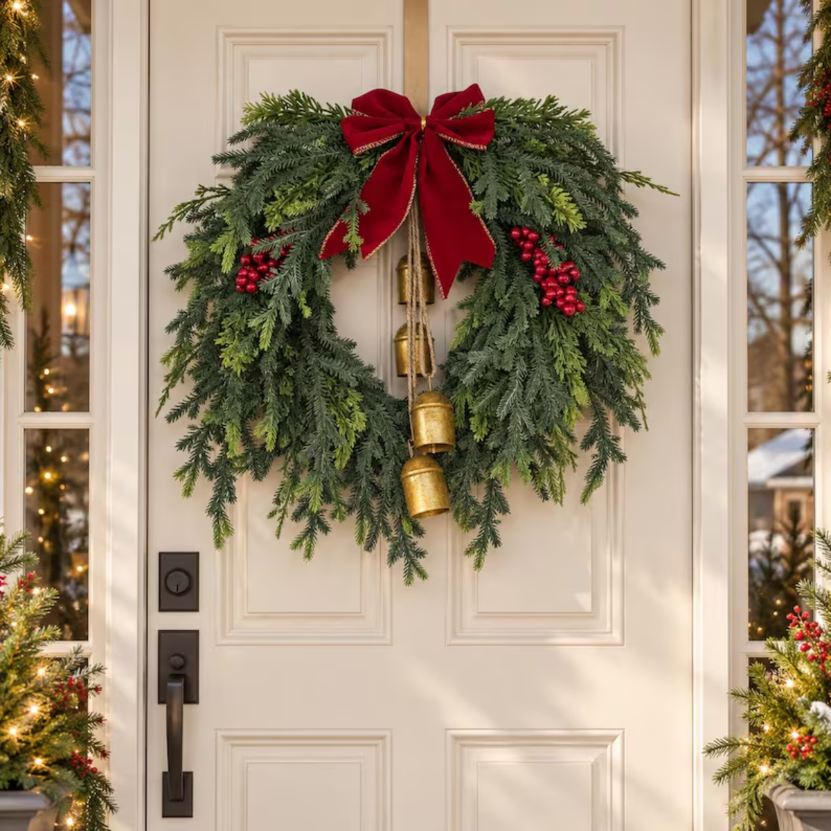 Christmas cedar wreath on a white front door with glass sidelights