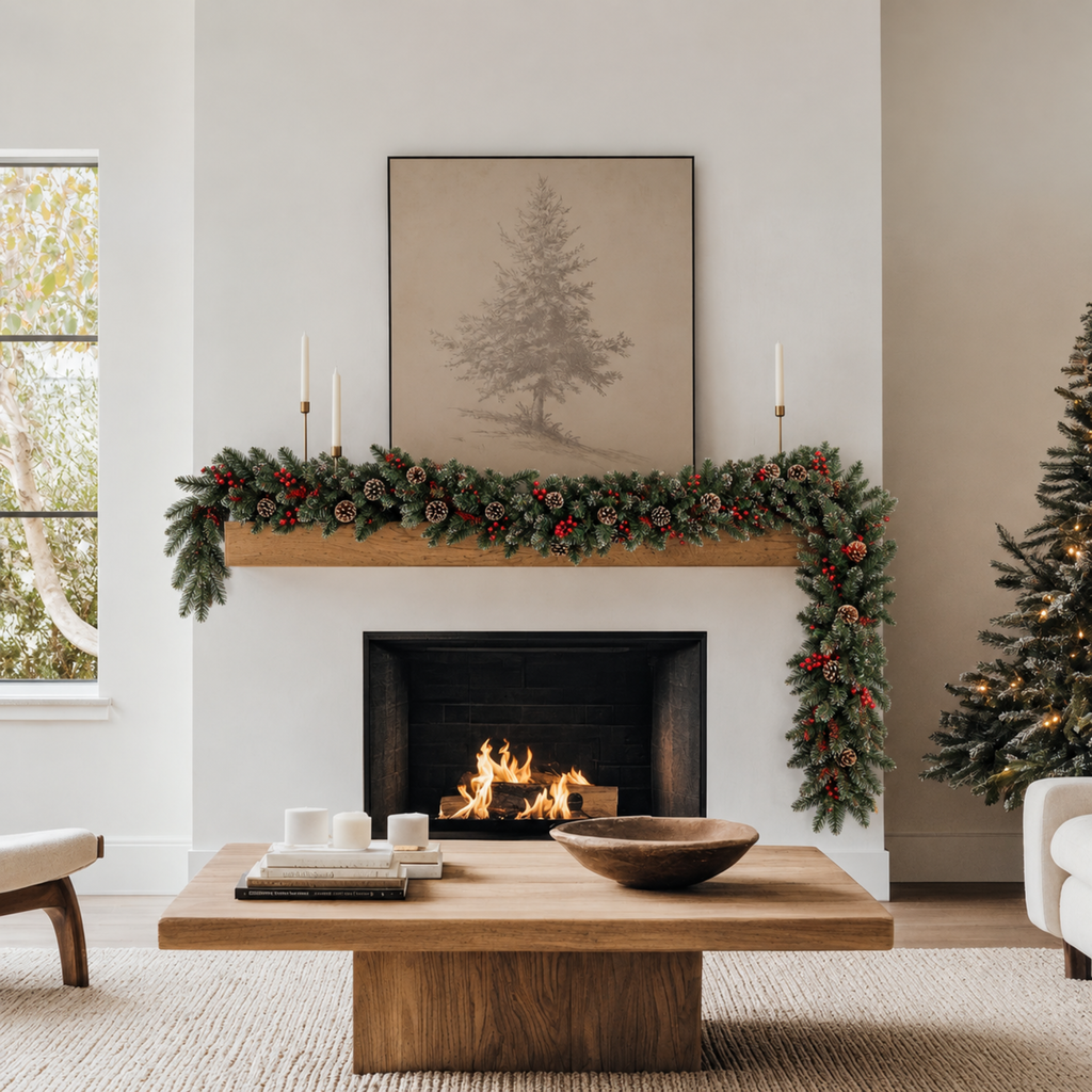Christmas pine garland on a wood beam mantel in a modern living room