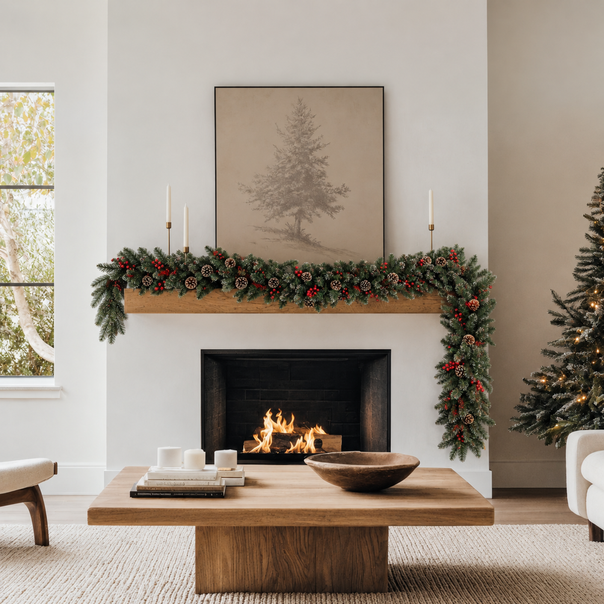 Christmas pine garland on a wood beam mantel in a modern living room