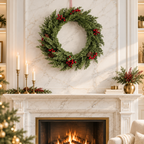 Christmas cedar wreath above a marble fireplace with brass candlesticks
