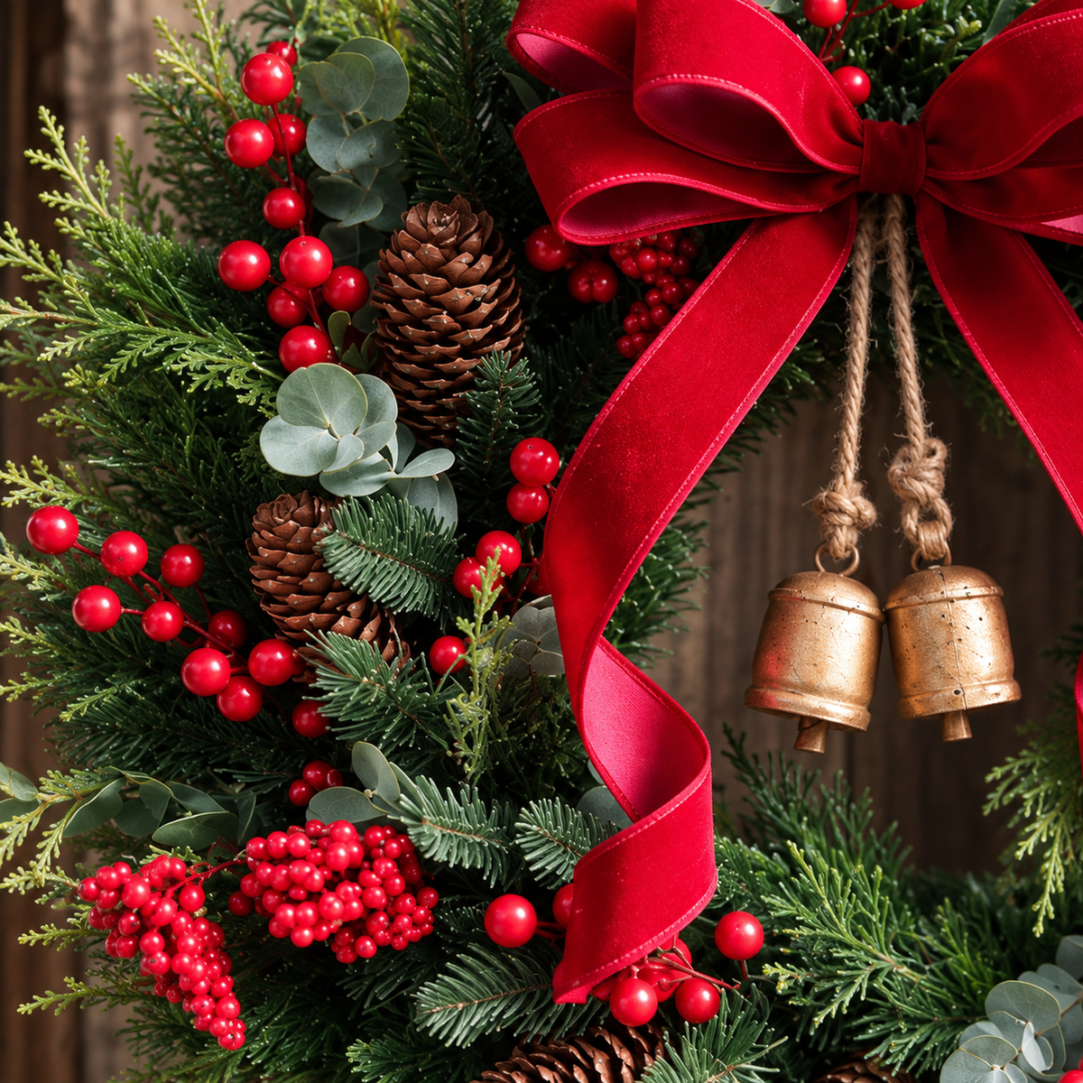 Close-up of red velvet bow, antique gold bells, red berries and pinecones