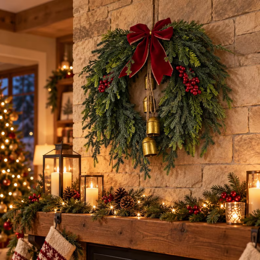 Christmas cedar wreath on a stone wall with holiday lights