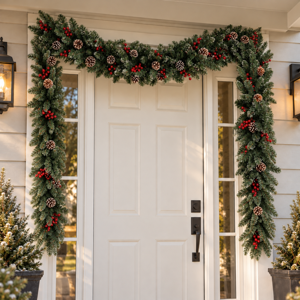 Christmas pine garland framing a white front door