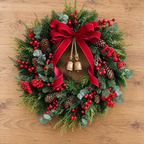 Christmas wreath flat lay on wood