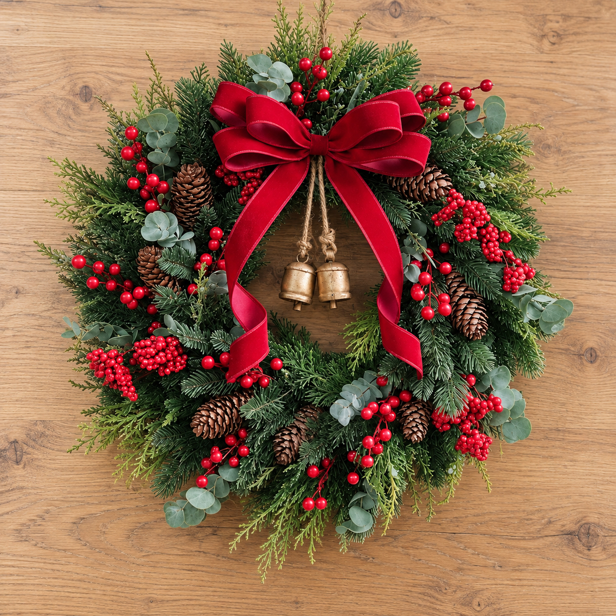 Christmas wreath flat lay on wood
