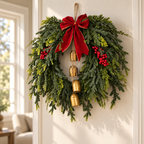 Christmas cedar wreath on a cream wall in a bright living room